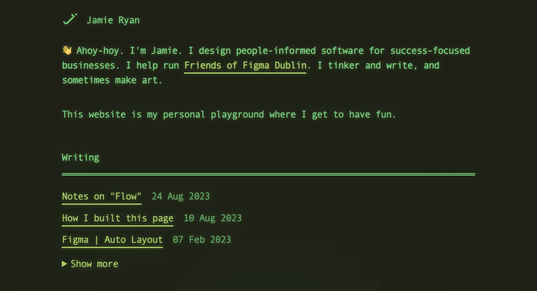 A screenshot of the website, themed in a computer terminal style.