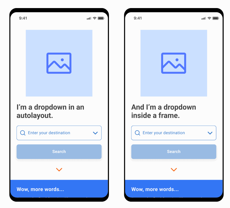 Two dropdowns in Figma. The Auto Layout example, the content is knocked down. On the Frame example, the dropdown correctly overlays other content, as it is sitting above the Auto Layout.